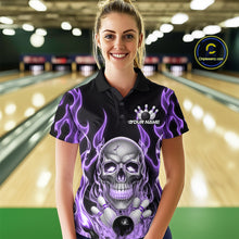 Load image into Gallery viewer, Custom Purple Fire Flame Skull Bowling Women Polo Shirt, Halloween Bowling Team Outfit IPHW9493