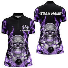 Load image into Gallery viewer, Custom Purple Fire Flame Skull Bowling Women Quarter-Zip Shirt, Halloween Bowling Outfit IPHW9493