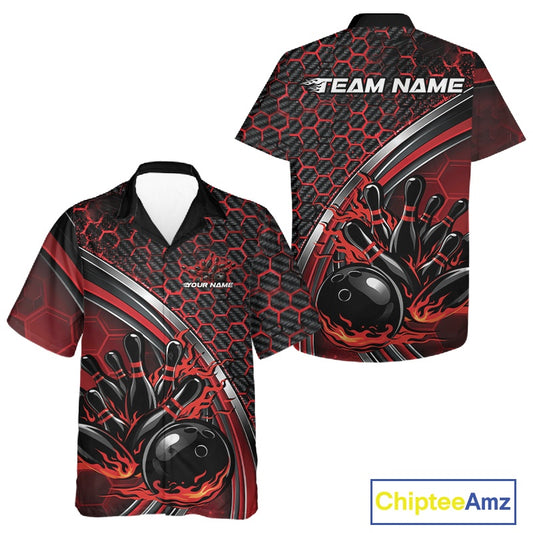 Front and back view of a button-up bowling shirt mockup in black and red, featuring a honeycomb pattern with a flaming bowling ball striking pins.