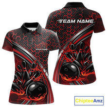 Load image into Gallery viewer, Front and back view of a womens bowling polo shirt mockup in black and red, featuring honeycomb pattern with a flaming bowling ball and pins.