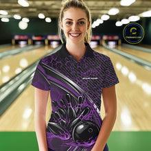 Load image into Gallery viewer, Female model in a bowling alley wearing a black and purple polo shirt with honeycomb accents and a dynamic flame bowling action illustration.