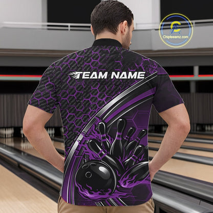 Male model in a bowling alley wearing a black and purple quarter zip shirt, showcasing honeycomb texture and a flaming bowling ball crashing into pins.