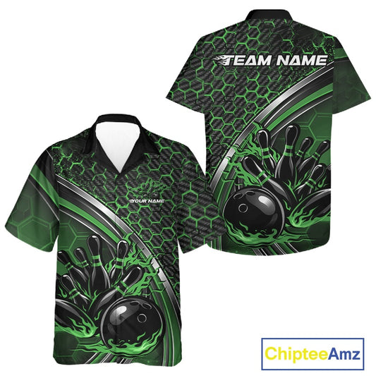 Front and back view of a button-up bowling shirt mockup in black and green, featuring honeycomb pattern with a flaming bowling ball striking pins.