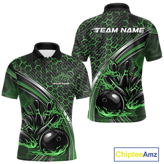 Front and back view of a mens bowling polo shirt mockup in black and green, featuring honeycomb pattern with a flaming bowling ball and pins.