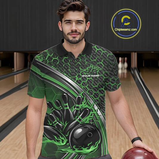 Male model in a bowling lane wearing a black and green polo shirt, featuring a honeycomb pattern with a flaming bowling ball striking pins.