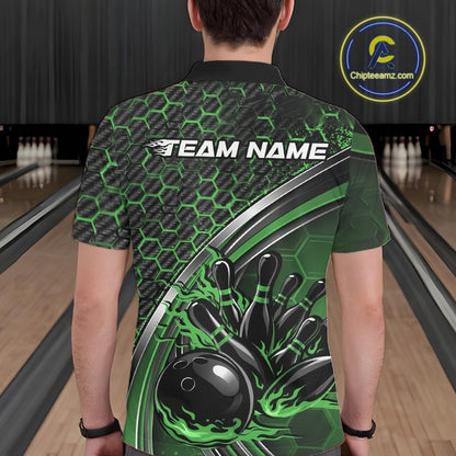 Back view of a male model in a bowling alley wearing a black and green polo shirt, showcasing honeycomb texture and a flaming bowling strike graphic.