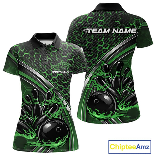 Front and back view of a womens bowling polo shirt mockup in black and green, featuring a honeycomb pattern with a flaming bowling ball and pins.