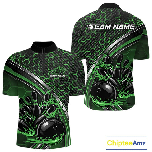 Front and back view of a mens bowling quarter zip shirt mockup in black and green, featuring honeycomb pattern with a flaming bowling ball and pins.