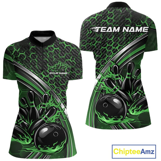 Women s bowling quarter zip mockup shown from front and back with a honeycomb pattern and flaming bowling ball and pins artwork in black and green.
