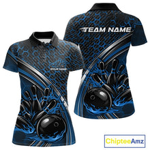 Load image into Gallery viewer, Front and back view of a womens bowling polo shirt mockup in black and blue, featuring honeycomb pattern with a flaming bowling ball striking pins.