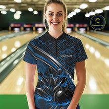 Load image into Gallery viewer, Custom Blue Flame Bowling Women Quarter-Zip Team Shirt, Hexagon Pattern Bowling Jerseys IPHW11313