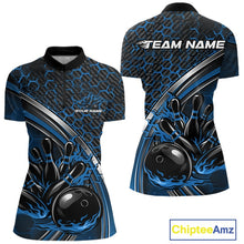 Load image into Gallery viewer, Custom Blue Flame Bowling Women Quarter-Zip Team Shirt, Hexagon Pattern Bowling Jerseys IPHW11313