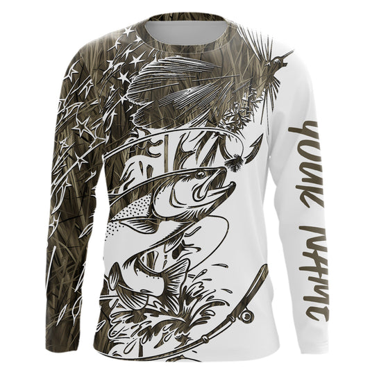 Custom Patriotic Trout Brown Camo Fly Fishing Long Sleeve Shirts, US Flyfishing Shirt IPHW9142