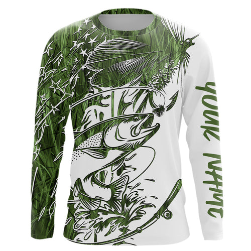 Custom Patriotic Trout Green Camo Fly Fishing Long Sleeve Shirts, US Flyfishing Shirt IPHW9144