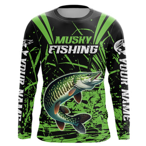 Customized Musky Fishing Long Sleeve Tournament Shirts, Muskie Fishing Gifts For Fisherman | Green IPHW6648