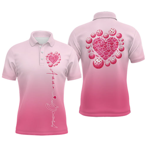 Custom Pink Heart Pickleball Polo Shirts For Men, Valentines Pickleball Couple Shirts IPHW8193