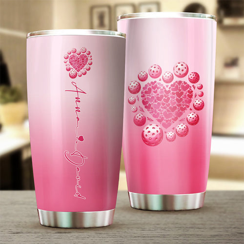 Custom Pink Heart Pickleball Tumbler Cup For Men And Women, Valentines Pickleball Couple IPHW8193