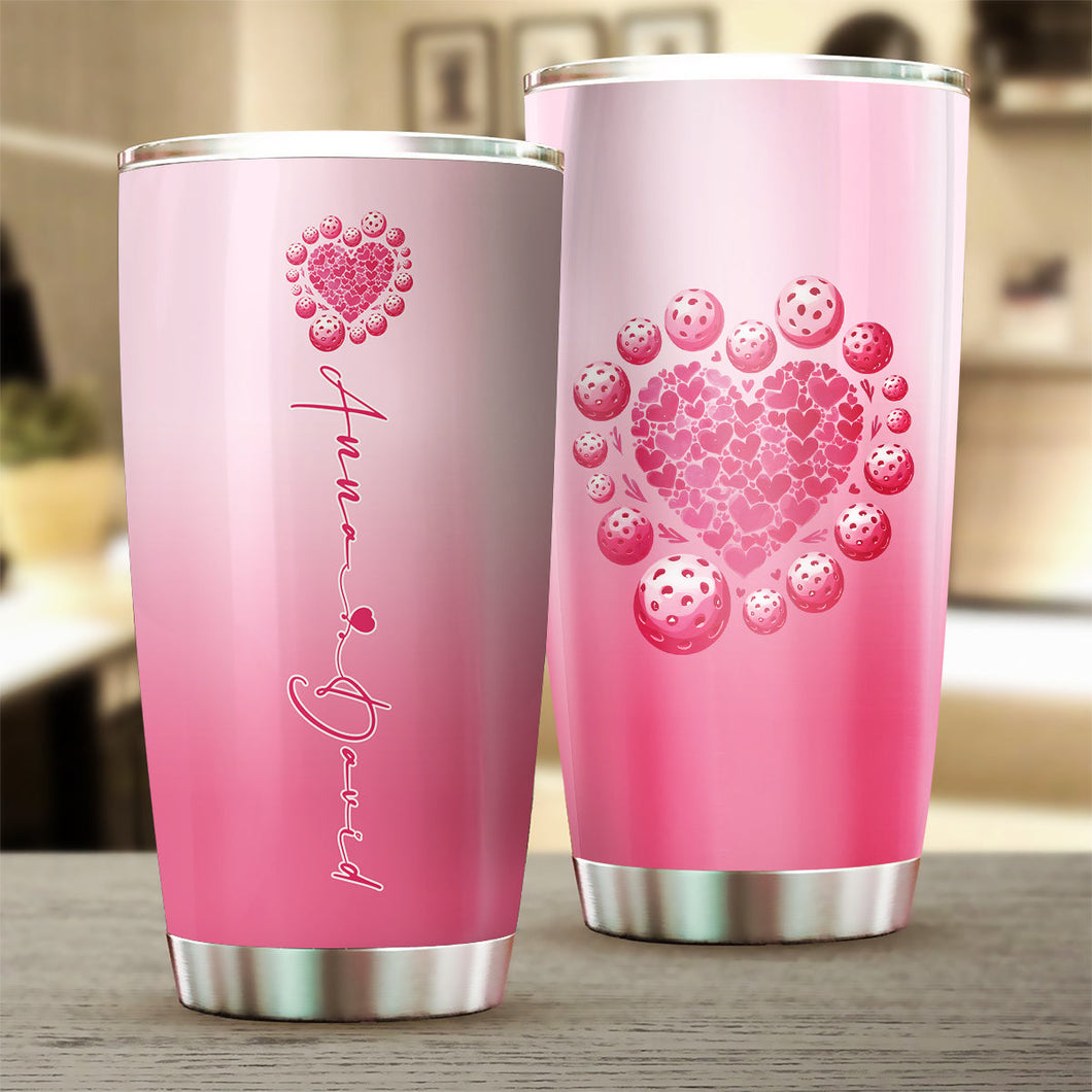 Custom Pink Heart Pickleball Tumbler Cup For Men And Women, Valentines Pickleball Couple IPHW8193