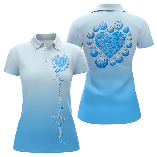 Custom Blue Heart Pickleball Polo Shirts For Women, Valentines Pickleball Couple Shirts IPHW8194
