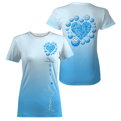 Custom Blue Heart Pickleball T-Shirts For Women, Valentines Pickleball Couple IPHW8194