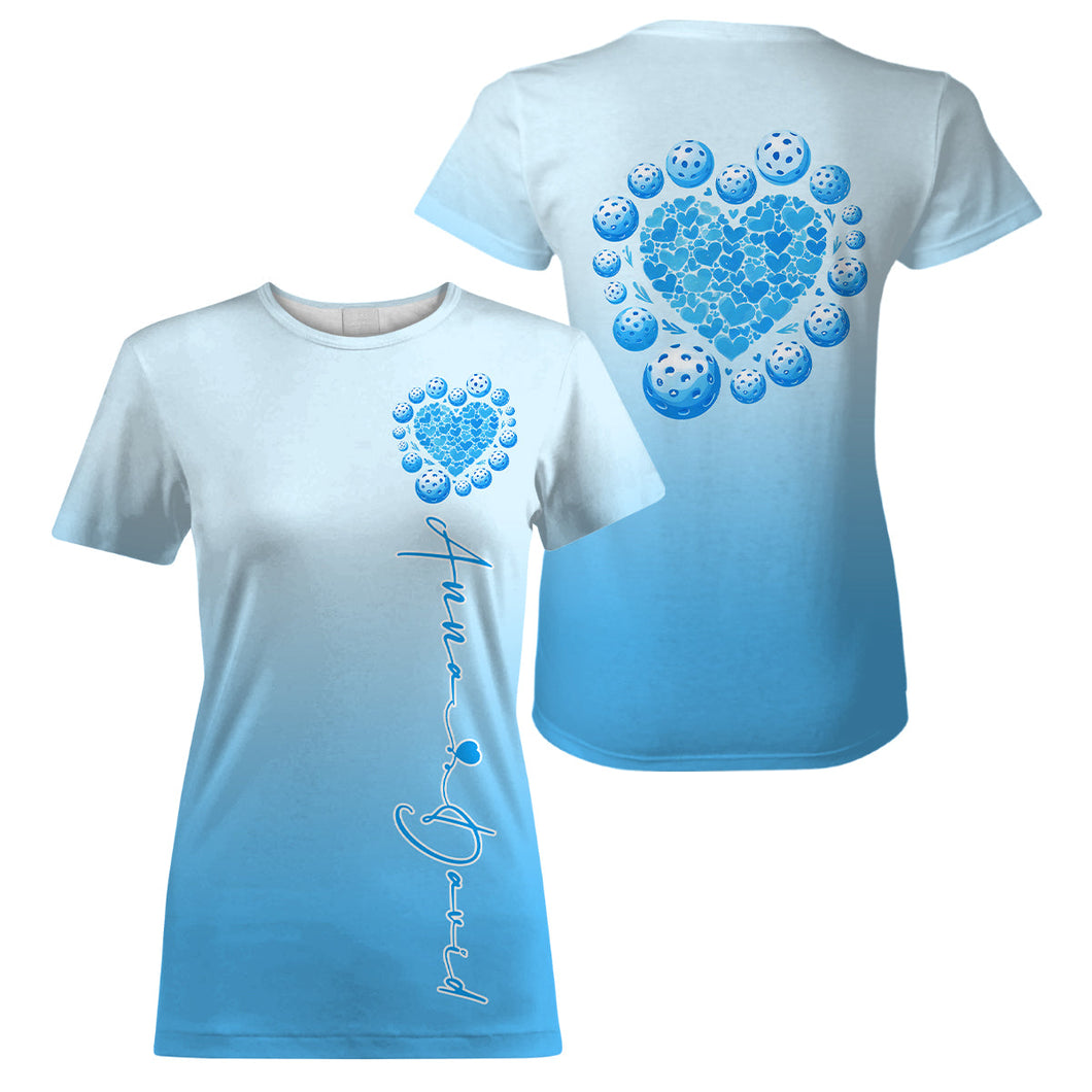 Custom Blue Heart Pickleball T-Shirts For Women, Valentines Pickleball Couple IPHW8194