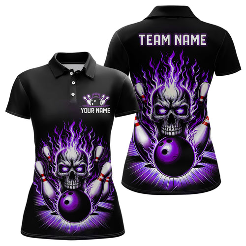 Personalized Ladies Skull Bowling Shirt Custom Team'S Name Flame Bowler Jerseys | Purple IPHW6511