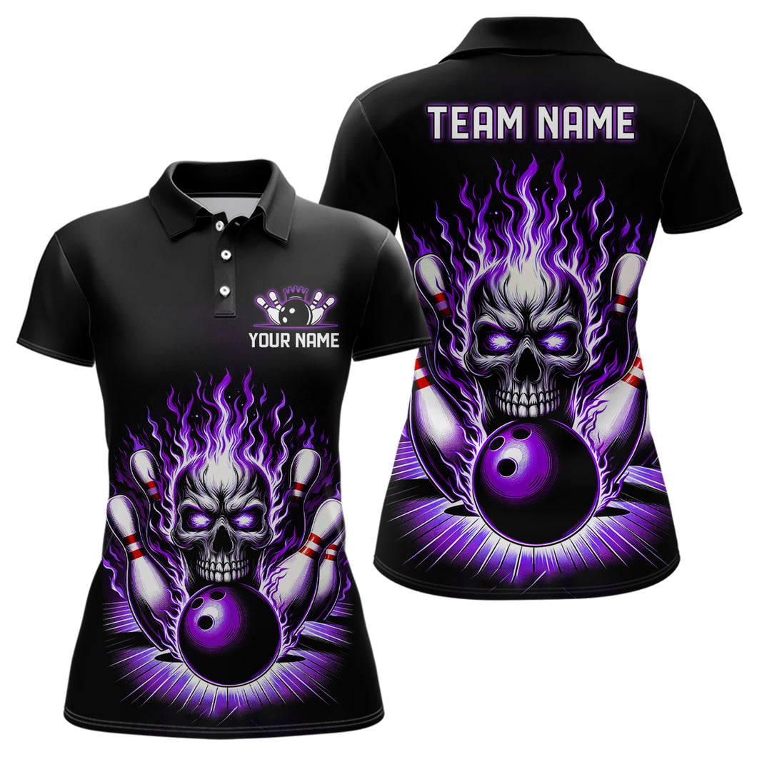 Personalized Ladies Skull Bowling Shirt Custom Team'S Name Flame Bowler Jerseys | Purple IPHW6511