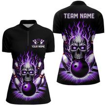Load image into Gallery viewer, Personalized Ladies Skull Bowling Shirt Custom Team&#39;S Name Flame Bowler Jerseys | Purple IPHW6511