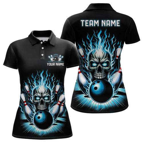 Personalized Ladies Skull Bowling Shirt Custom Team'S Name Flame Bowler Jerseys | Teal Blue IPHW6512