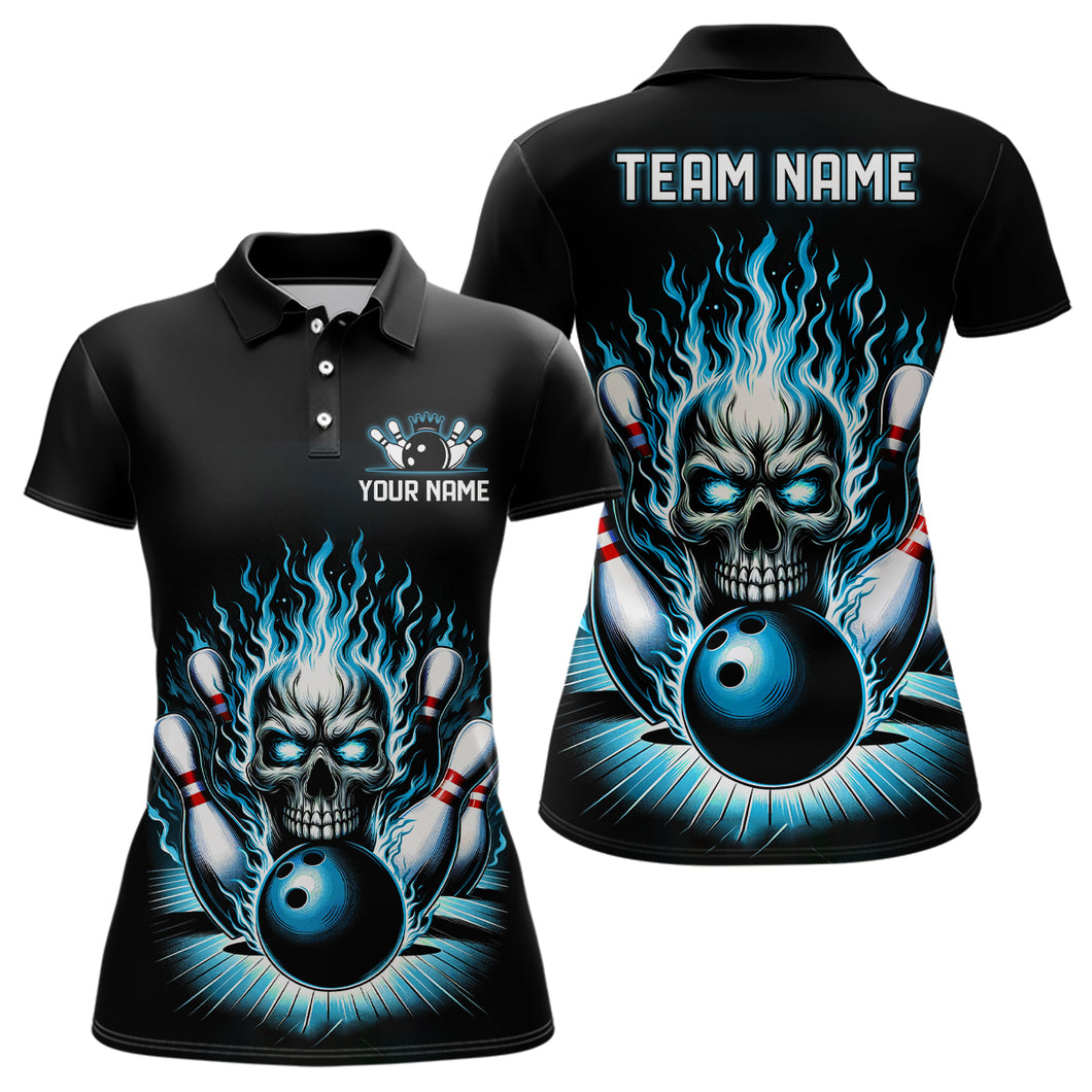 Personalized Ladies Skull Bowling Shirt Custom Team'S Name Flame Bowler Jerseys | Teal Blue IPHW6512