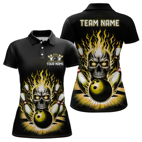 Personalized Ladies Skull Bowling Shirt Custom Team'S Name Flame Bowler Jerseys | Yellow IPHW6513
