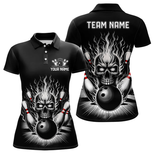 Personalized Ladies Skull Bowling Shirt Custom Name Flame Bowler Jerseys | Black And White IPHW6514