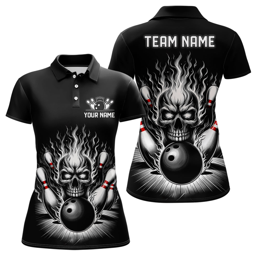Personalized Ladies Skull Bowling Shirt Custom Name Flame Bowler Jerseys | Black And White IPHW6514