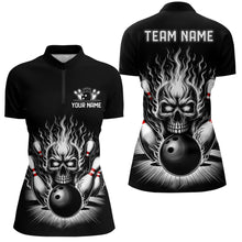 Load image into Gallery viewer, Personalized Ladies Skull Bowling Shirt Custom Name Flame Bowler Jerseys | Black And White IPHW6514