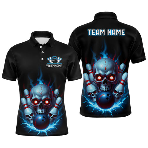 Custom Blue Flame Bowling Team Shirts, Halloween Skull Bowling Polo Shirt For Men IPHW6863