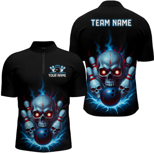 Custom Blue Flame Bowling Team Shirts, Halloween Skull Bowling Quarter Zip Shirt For Men IPHW6863