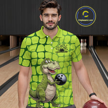 Load image into Gallery viewer, Custom Funny Green Dinosaur Bowling Team Men Polo Shirt, Bowling Tournament Team Shirt IPHW9930