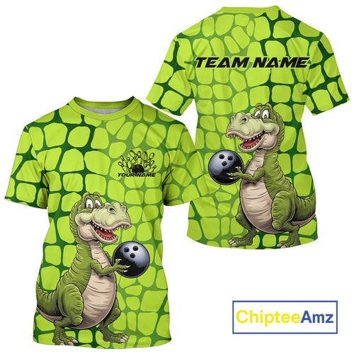 Custom Funny Green Dinosaur Bowling Team Men T-Shirts, Bowling Tournament Team IPHW9930