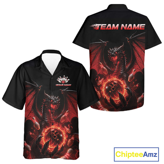 Custom Red Dragon Flame Bowling Team Men And Women Hawaiian Shirt, Bowling League Shirt IPHW11666