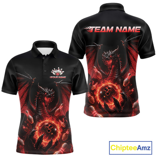 Custom Red Dragon Flame Bowling Team Men Polo Shirt, Bowling League Shirt IPHW11666