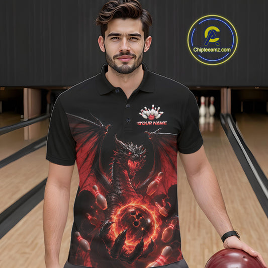 Custom Red Dragon Flame Bowling Team Men Polo Shirt, Bowling League Shirt IPHW11666