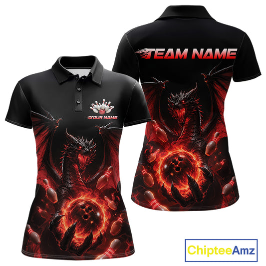 Custom Red Dragon Flame Bowling Team Women Polo Shirt, Bowling League Shirt IPHW11666