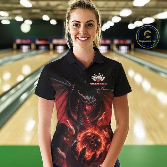 Custom Red Dragon Flame Bowling Team Women Polo Shirt, Bowling League Shirt IPHW11666