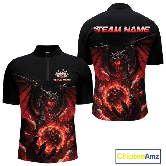 Custom Red Dragon Flame Bowling Team Men Quarter Zip Shirt, Bowling League Shirt IPHW11666