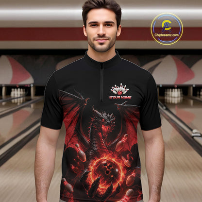 Custom Red Dragon Flame Bowling Team Men Quarter Zip Shirt, Bowling League Shirt IPHW11666