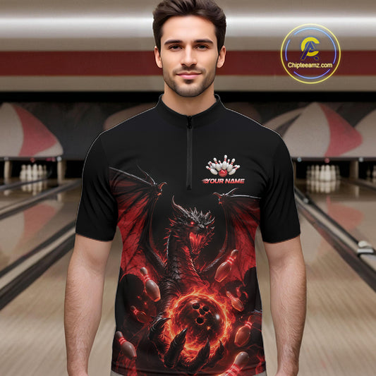 Custom Red Dragon Flame Bowling Team Men Quarter Zip Shirt, Bowling League Shirt IPHW11666