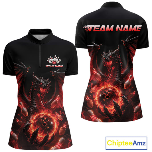 Custom Red Dragon Flame Bowling Team Women Quarter-Zip Shirt, Bowling League Shirt IPHW11666