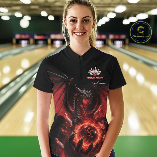 Custom Red Dragon Flame Bowling Team Women Quarter-Zip Shirt, Bowling League Shirt IPHW11666