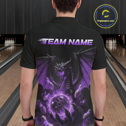 Custom Purple Dragon Flame Bowling Team Men Polo Shirt, Bowling League Shirt IPHW11667