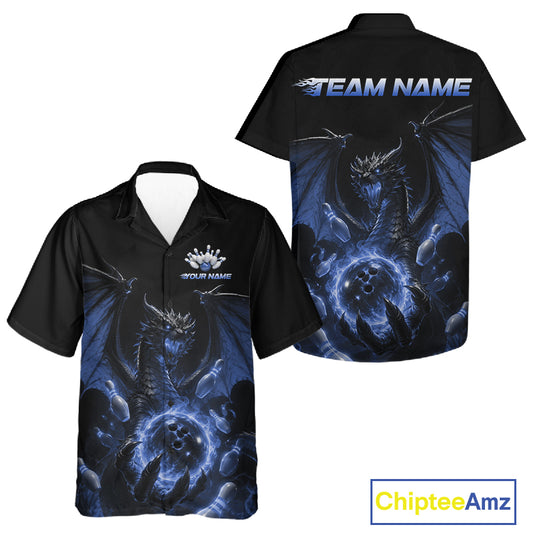Custom Blue Dragon Flame Bowling Team Men And Women Hawaiian Shirt, Bowling League Shirt IPHW11668